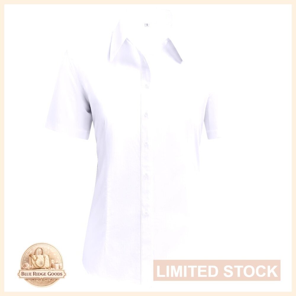 Short Sleeve Cotton Button Down Shirt Classic Collared Work Blouse Business